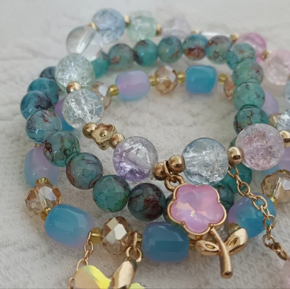 Sparkling Teal Beaded Charm Bracelet Set Blue Pink Flower Butterfly Cute Fairy - Picture 3 of 9